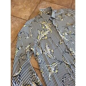 Zara Man Shirt Mens Large Stripe Floral Slim Fit Button Down Long Sleeve Casual